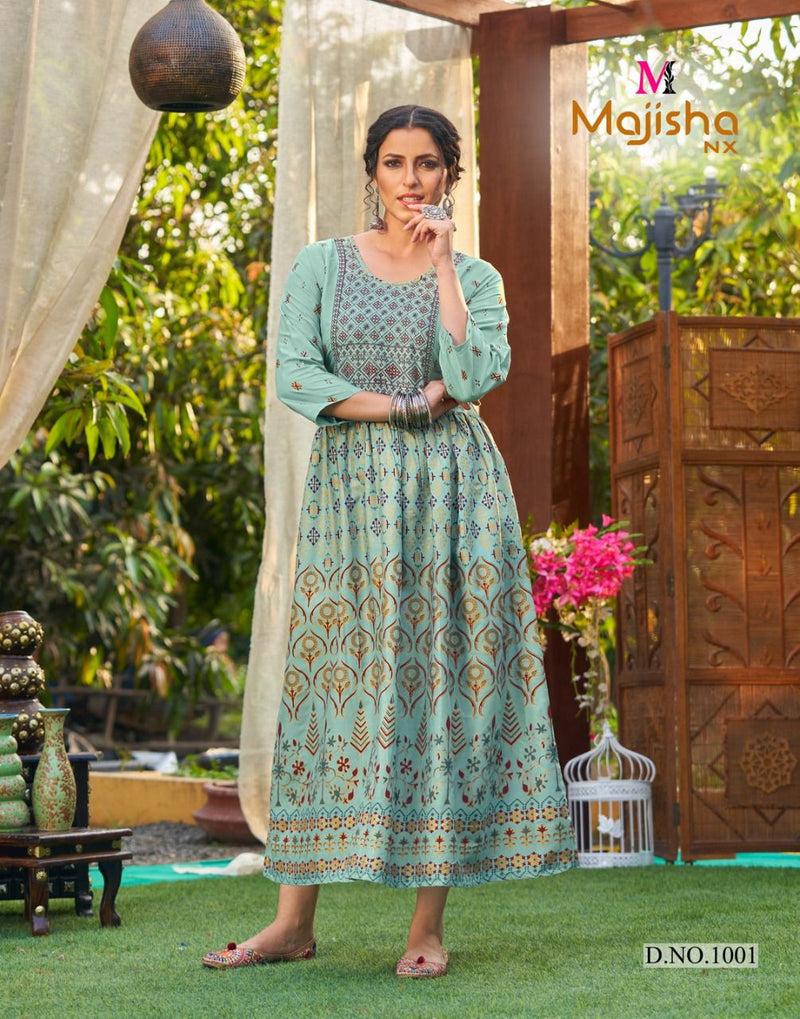 Majisha NX Rangbaz Vol 1 Rayon Foil Printed Fancy Gown Style Party Wear Kurtis