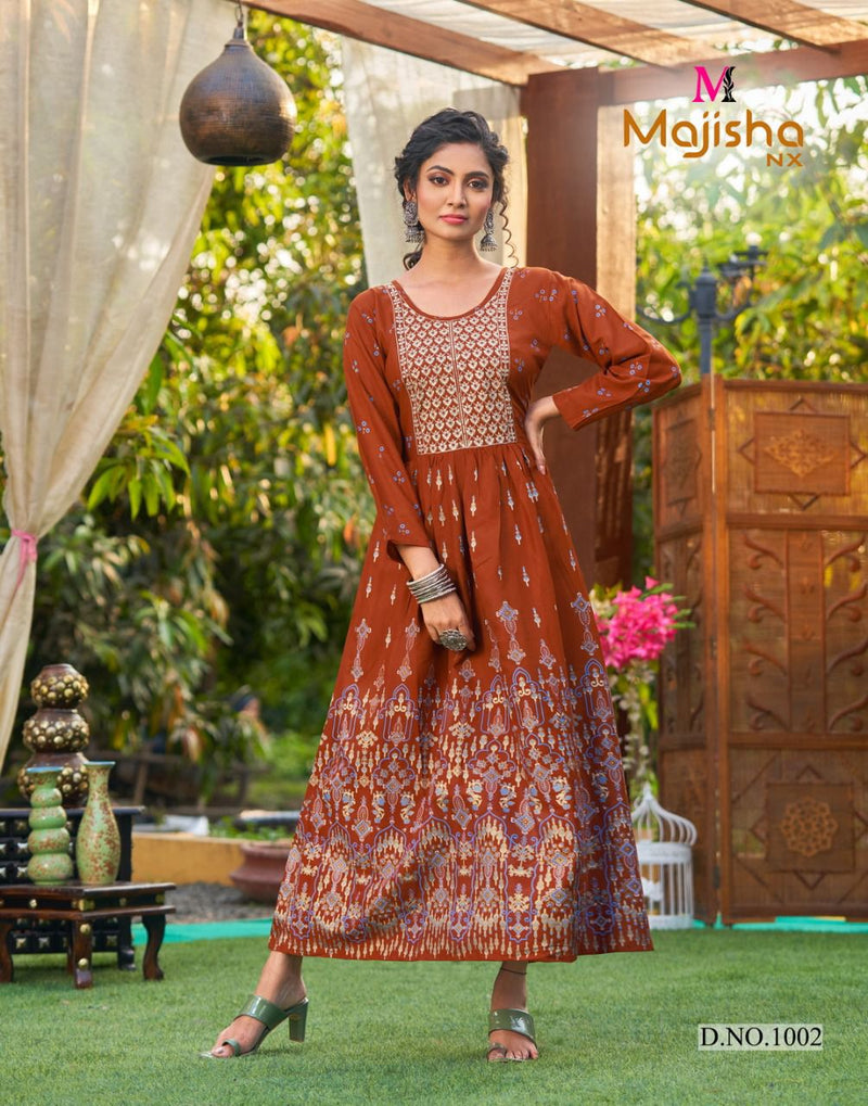 Majisha NX Rangbaz Vol 1 Rayon Foil Printed Fancy Gown Style Party Wear Kurtis