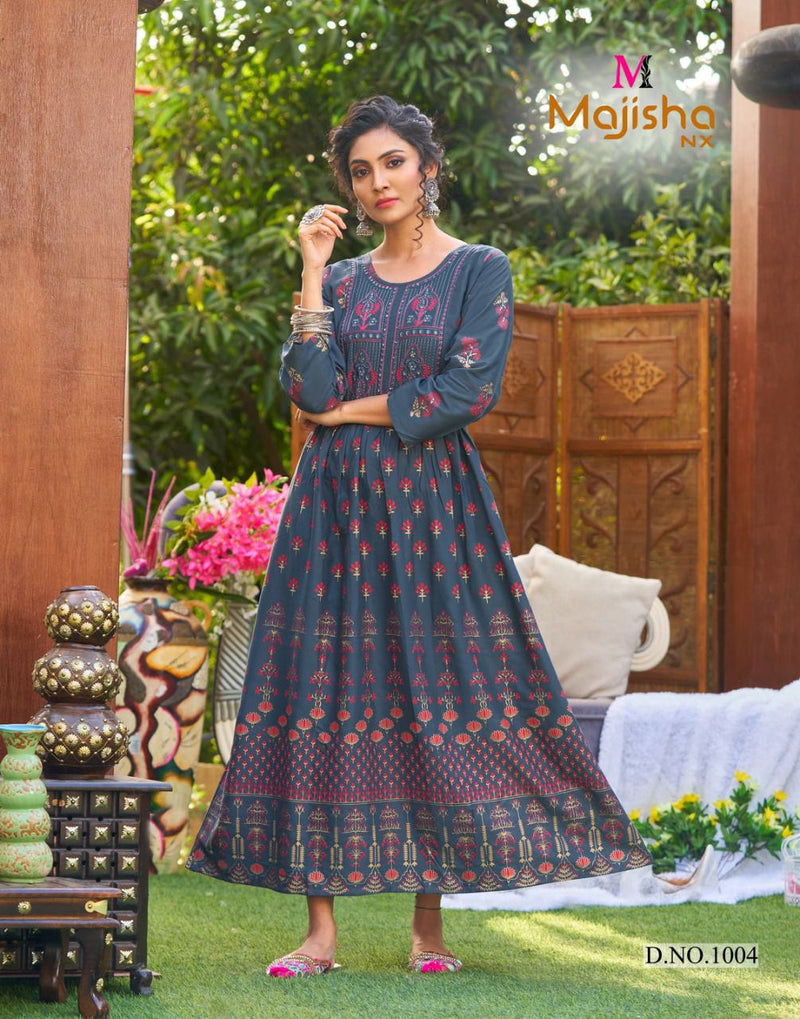 Majisha NX Rangbaz Vol 1 Rayon Foil Printed Fancy Gown Style Party Wear Kurtis