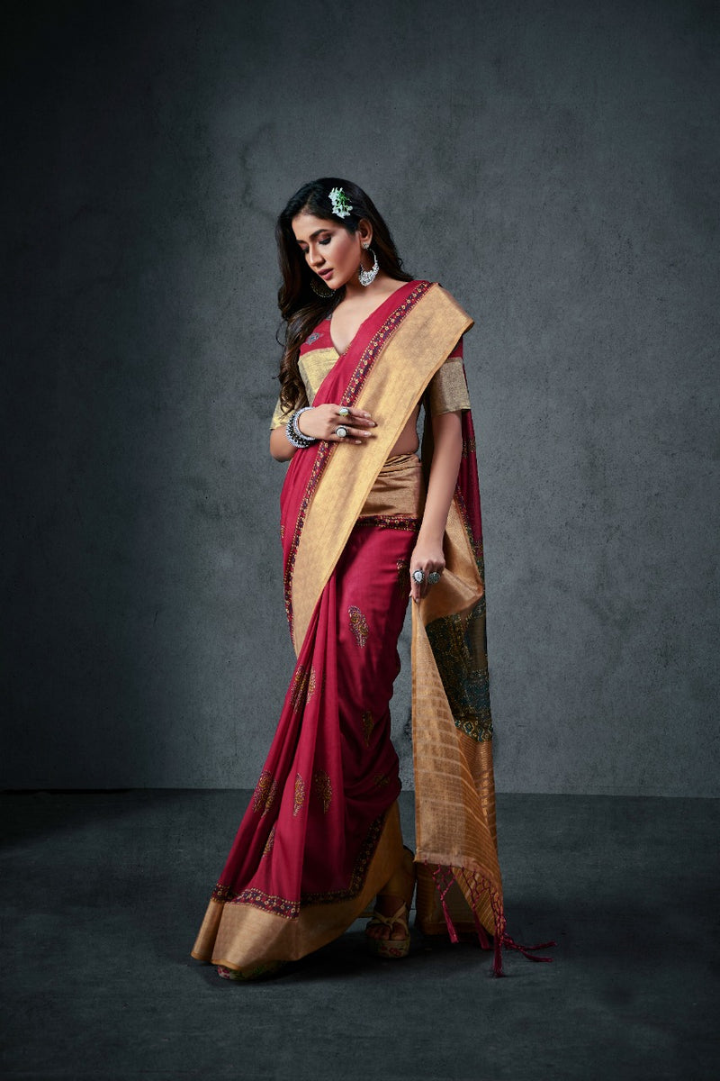 Raj Yog Ajrakh Silk Daily Soft Cotton With Lagdi Patta Designer Wear Saree