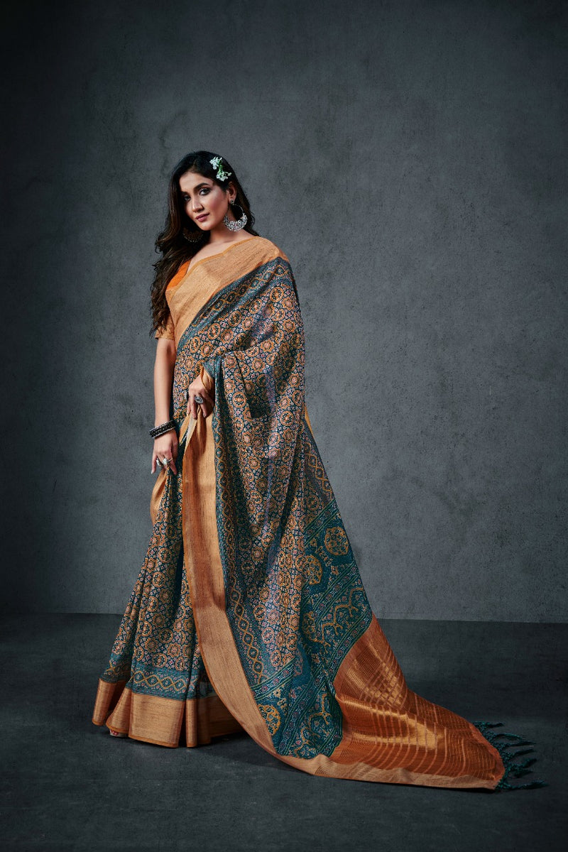 Raj Yog Ajrakh Silk Daily Soft Cotton With Lagdi Patta Designer Wear Saree