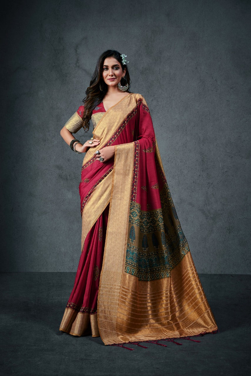 Raj Yog Ajrakh Silk Daily Soft Cotton With Lagdi Patta Designer Wear Saree
