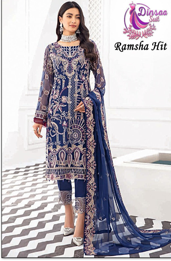 Dinsaa Suit Ramsha Hit Fox Georgette Designer Heavy Embroidered Pakistani Style Wedding Wear Salwar Suits