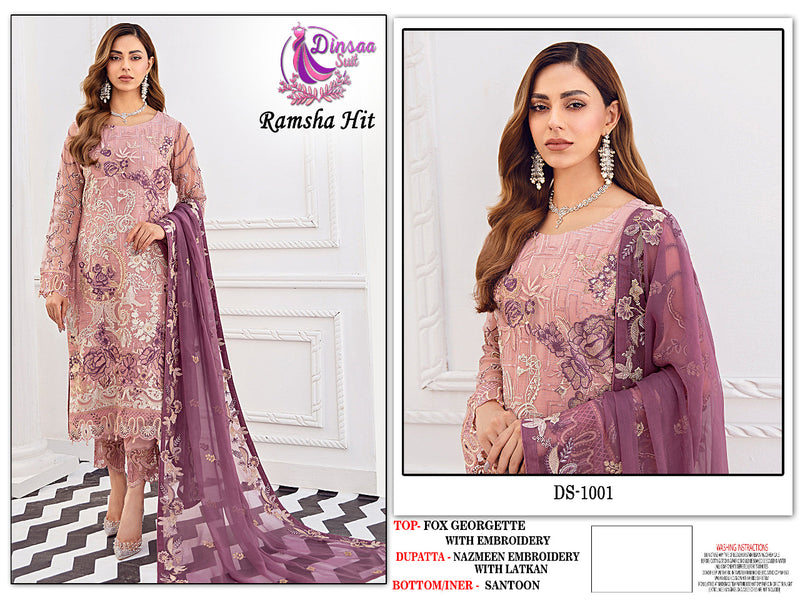 Dinsaa Suit Ramsha Hit Fox Georgette Designer Heavy Embroidered Pakistani Style Wedding Wear Salwar Suits