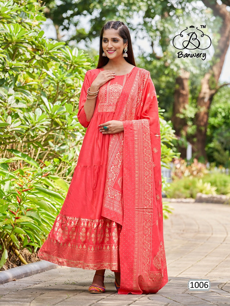 Banwery Fashion Ramuloo Ramulaa Rayon With Foil Printed Work Stylish Designer Attractive Look Long Gown
