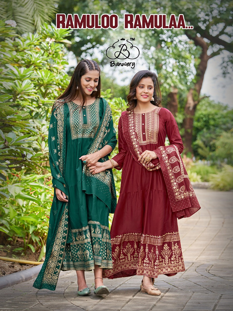 Banwery Fashion Ramuloo Ramulaa Rayon With Foil Printed Work Stylish Designer Attractive Look Long Gown