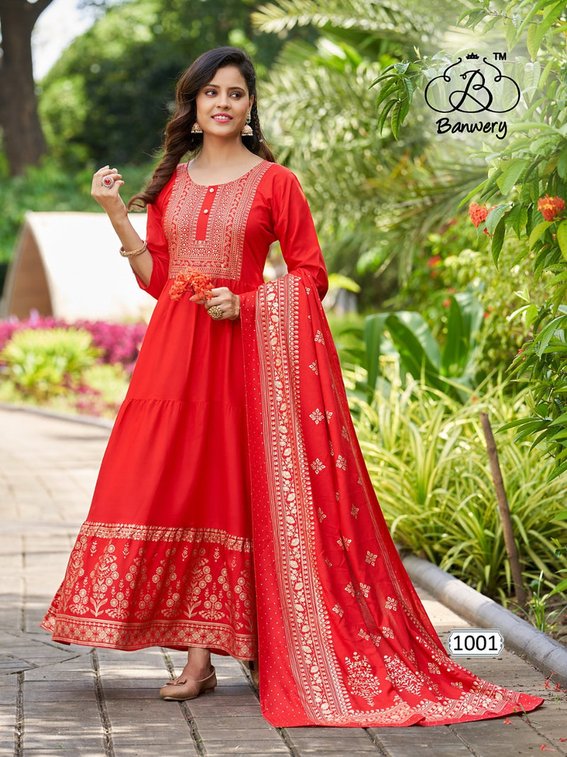 Banwery Fashion Ramuloo Ramulaa Rayon With Foil Printed Work Stylish Designer Attractive Look Long Gown