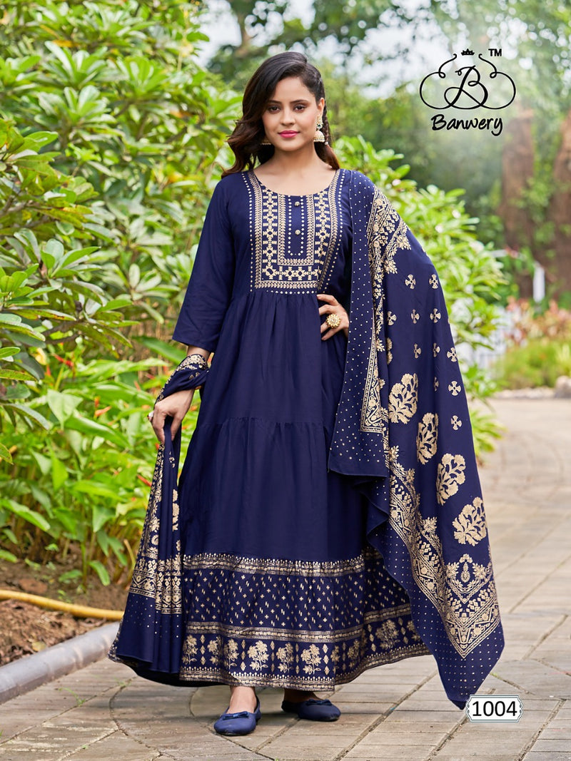 Banwery Fashion Ramuloo Ramulaa Rayon With Foil Printed Work Stylish Designer Attractive Look Long Gown
