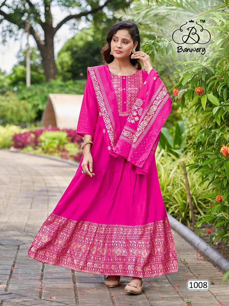 Banwery Fashion Ramuloo Ramulaa Rayon With Foil Printed Work Stylish Designer Attractive Look Long Gown