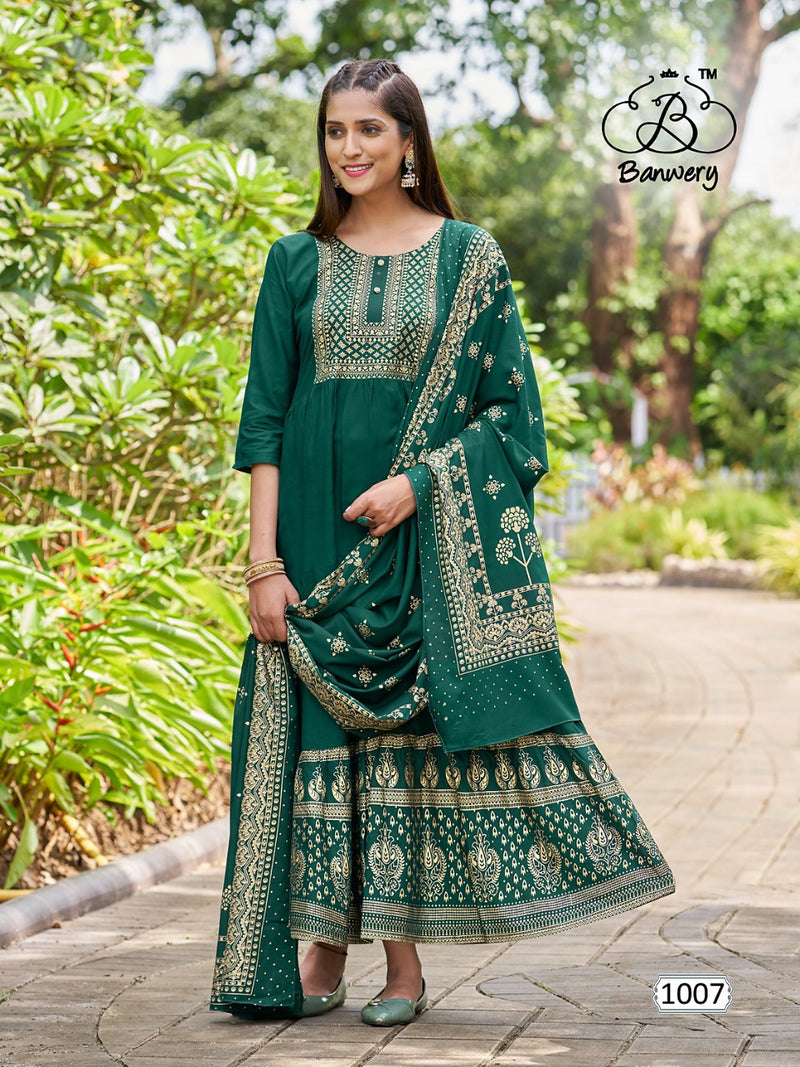 Banwery Fashion Ramuloo Ramulaa Rayon With Foil Printed Work Stylish Designer Attractive Look Long Gown