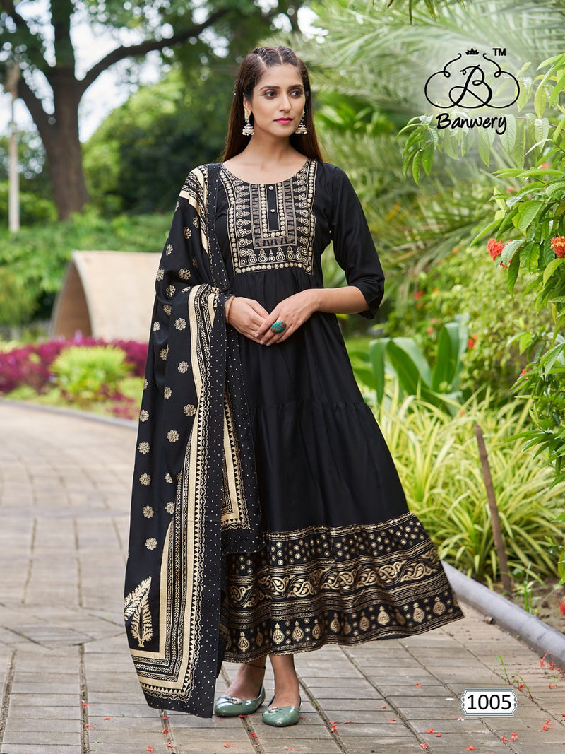 Banwery Fashion Ramuloo Ramulaa Rayon With Foil Printed Work Stylish Designer Attractive Look Long Gown