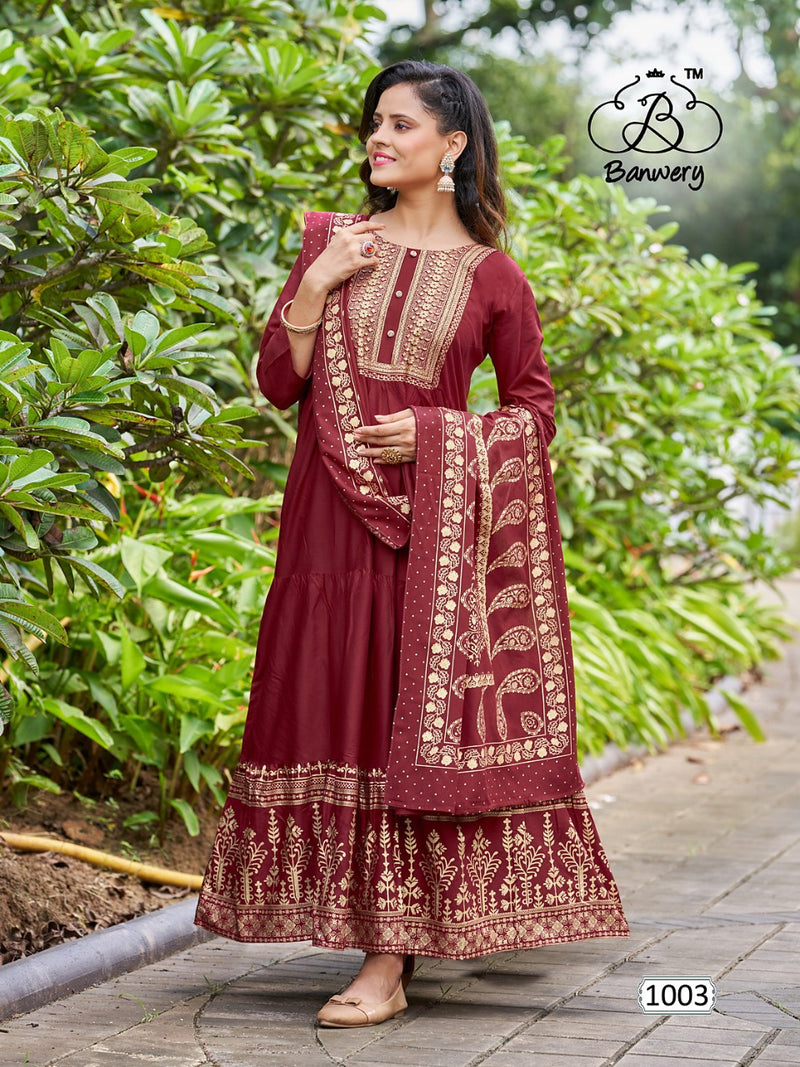 Banwery Fashion Ramuloo Ramulaa Rayon With Foil Printed Work Stylish Designer Attractive Look Long Gown