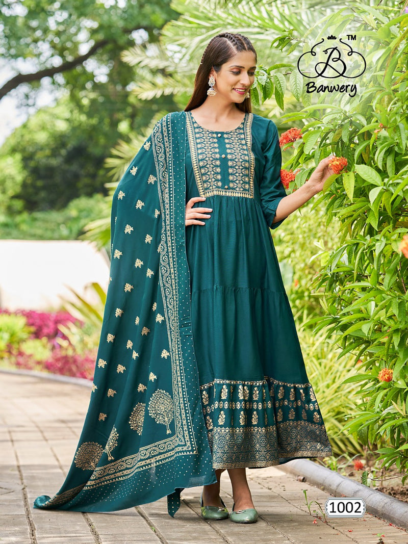 Banwery Fashion Ramuloo Ramulaa Rayon With Foil Printed Work Stylish Designer Attractive Look Long Gown
