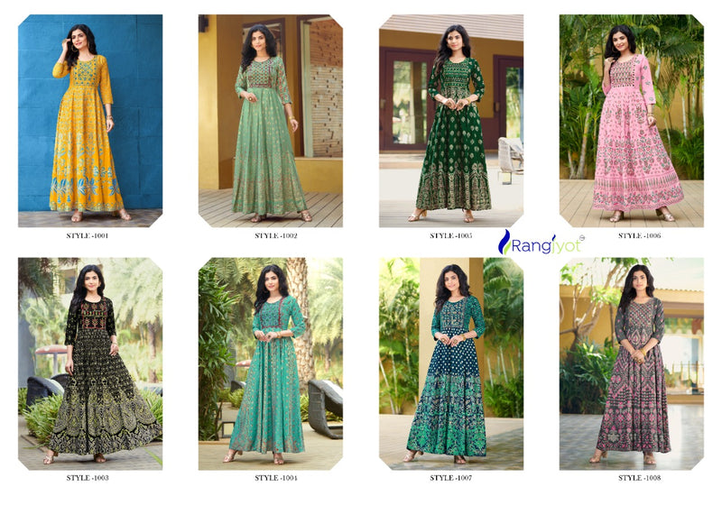 Rangjyot Rangrez Vol 1 Rayon Stylish Fancy Party Wear Gown Type Kurtis With Gold Print