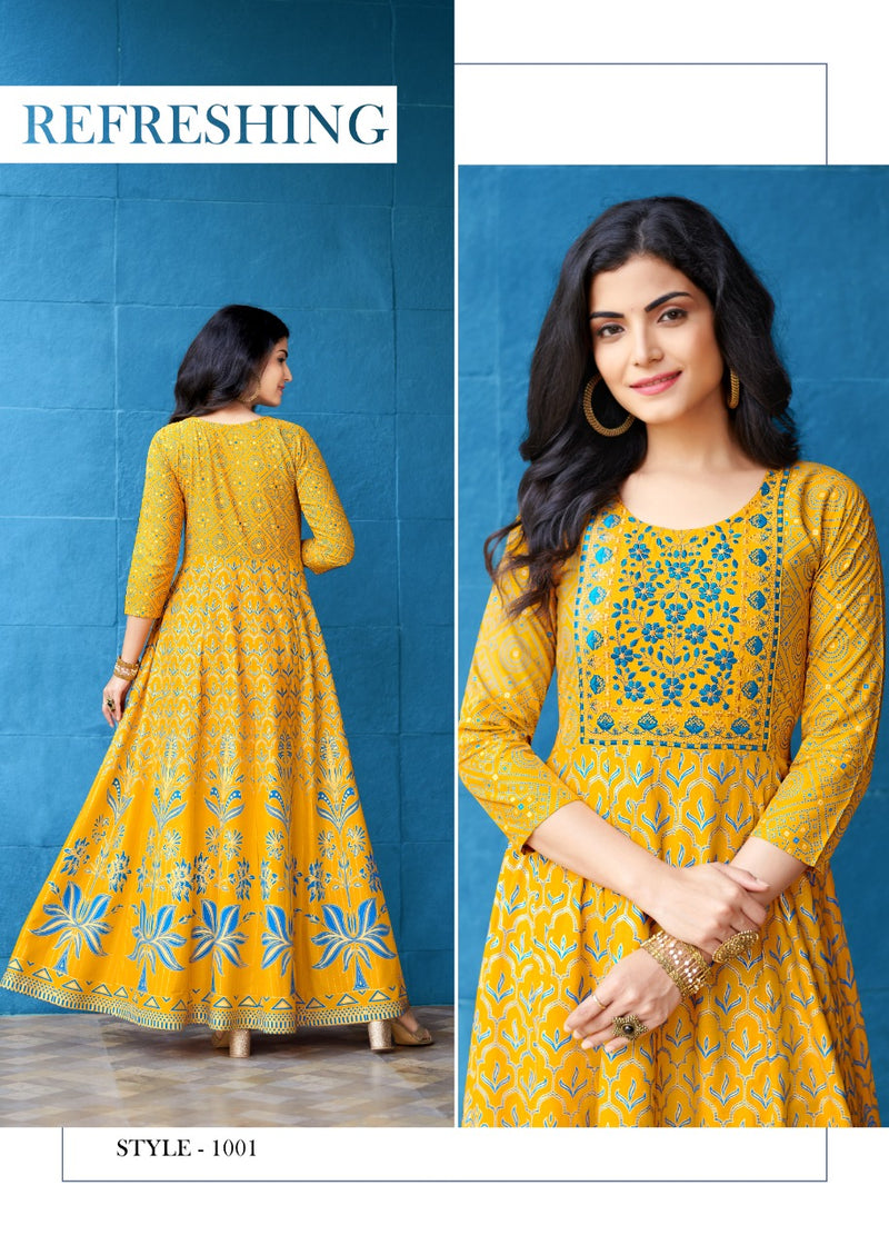 Rangjyot Rangrez Vol 1 Rayon Stylish Fancy Party Wear Gown Type Kurtis With Gold Print