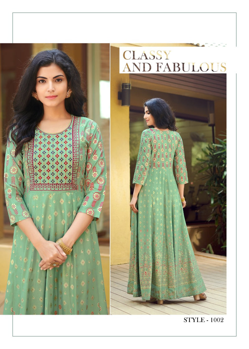 Rangjyot Rangrez Vol 1 Rayon Stylish Fancy Party Wear Gown Type Kurtis With Gold Print