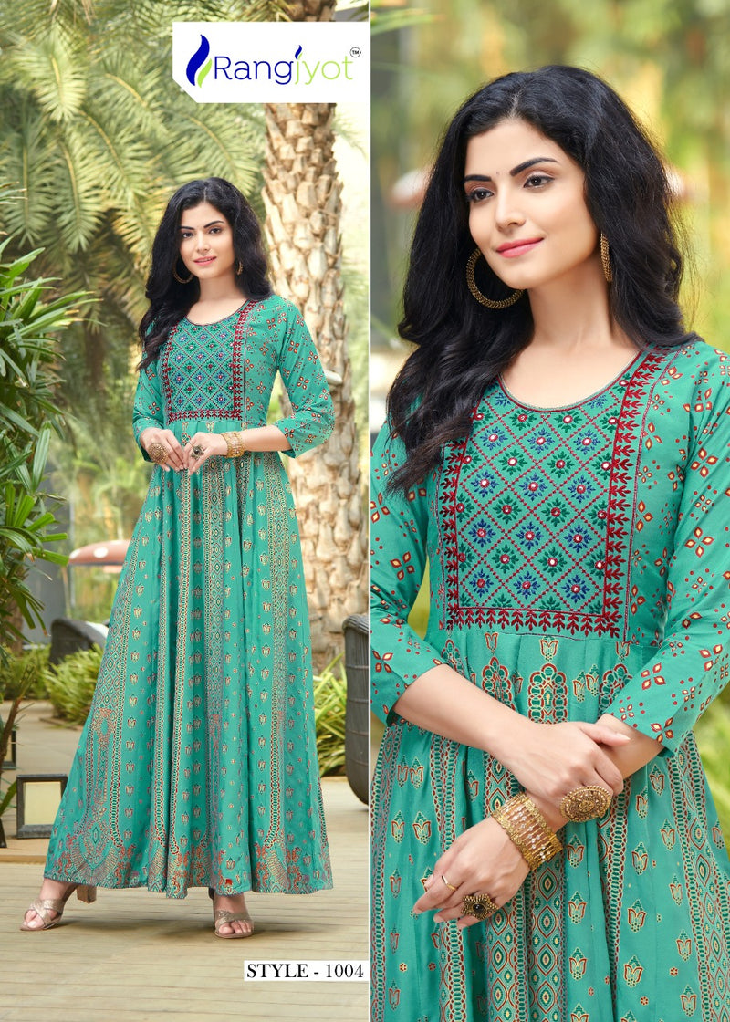 Rangjyot Rangrez Vol 1 Rayon Stylish Fancy Party Wear Gown Type Kurtis With Gold Print