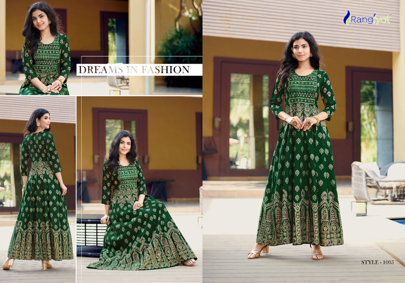 Rangjyot Rangrez Vol 1 Rayon Stylish Fancy Party Wear Gown Type Kurtis With Gold Print