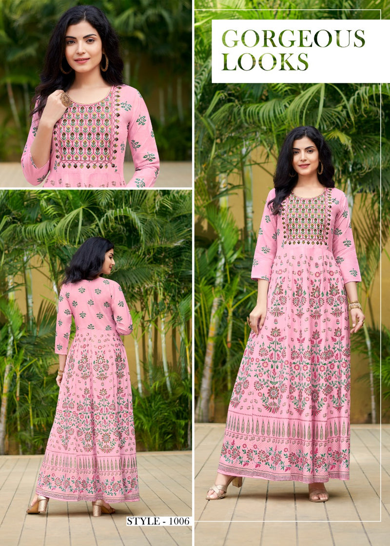 Rangjyot Rangrez Vol 1 Rayon Stylish Fancy Party Wear Gown Type Kurtis With Gold Print