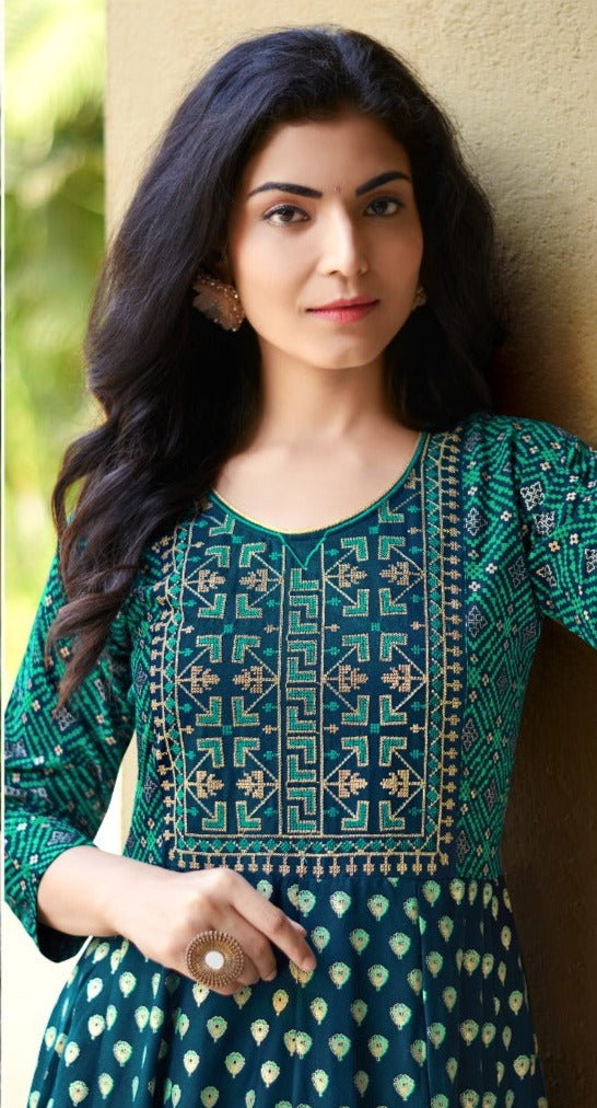 Rangjyot Rangrez Vol 1 Rayon Stylish Fancy Party Wear Gown Type Kurtis With Gold Print