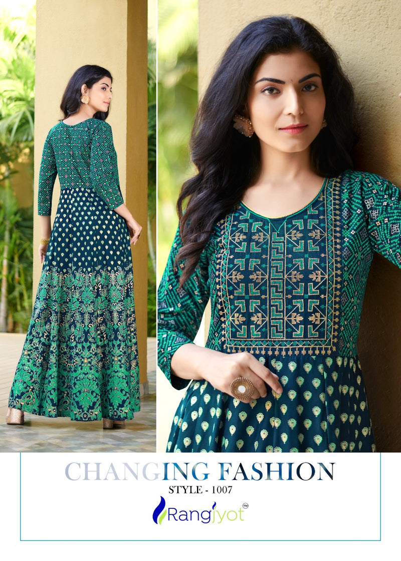 Rangjyot Rangrez Vol 1 Rayon Stylish Fancy Party Wear Gown Type Kurtis With Gold Print