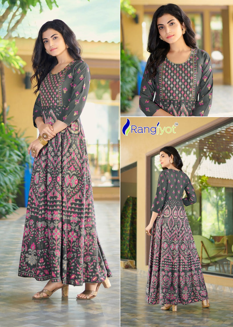 Rangjyot Rangrez Vol 1 Rayon Stylish Fancy Party Wear Gown Type Kurtis With Gold Print