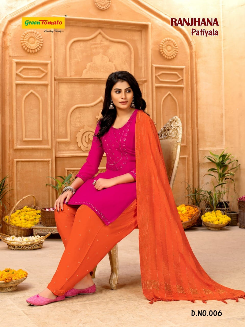 Green Tomato Ranjhana Patiyala Style Festive Wear Ready Made Rayon Salwar Kameez