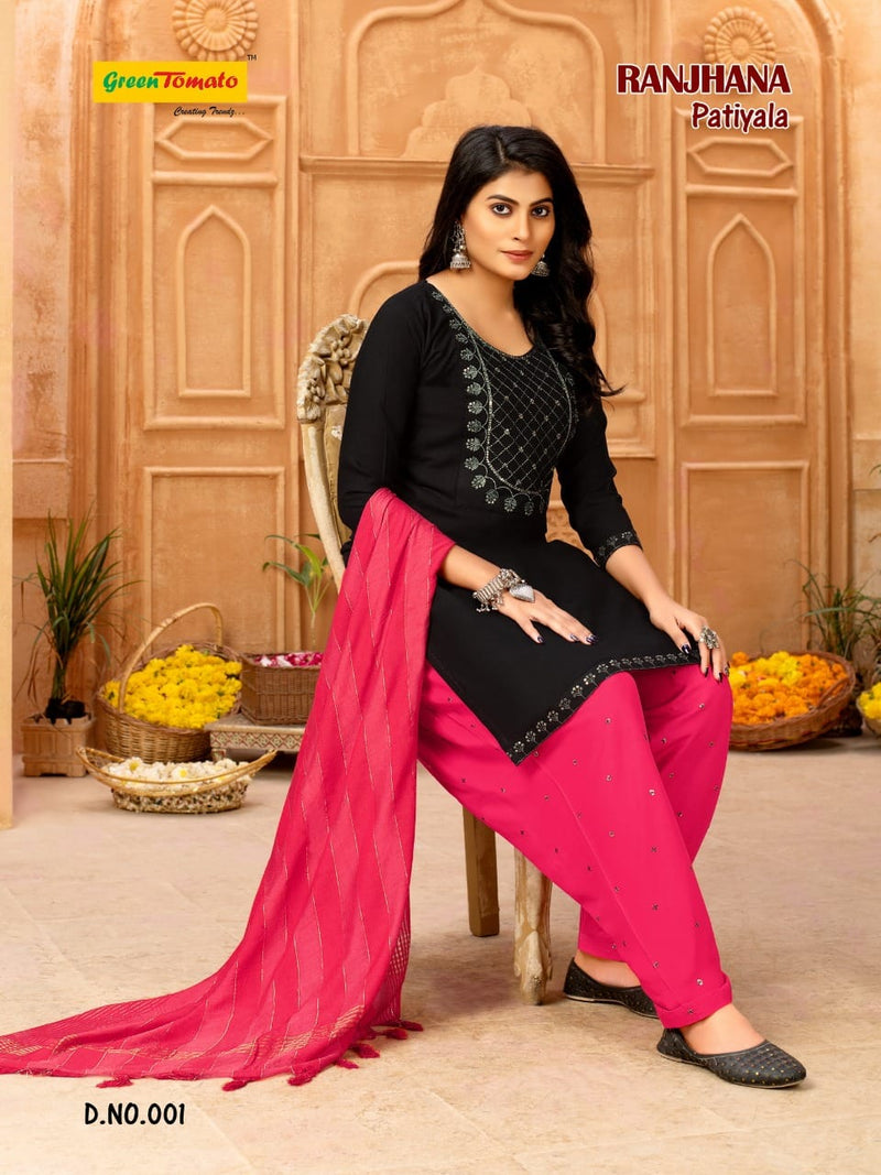 Green Tomato Ranjhana Patiyala Style Festive Wear Ready Made Rayon Salwar Kameez