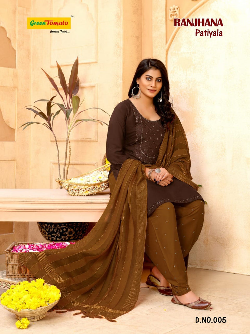 Green Tomato Ranjhana Patiyala Style Festive Wear Ready Made Rayon Salwar Kameez