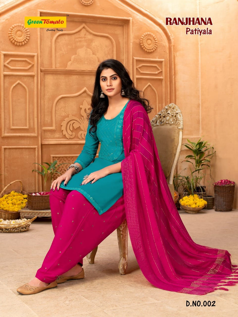 Green Tomato Ranjhana Patiyala Style Festive Wear Ready Made Rayon Salwar Kameez