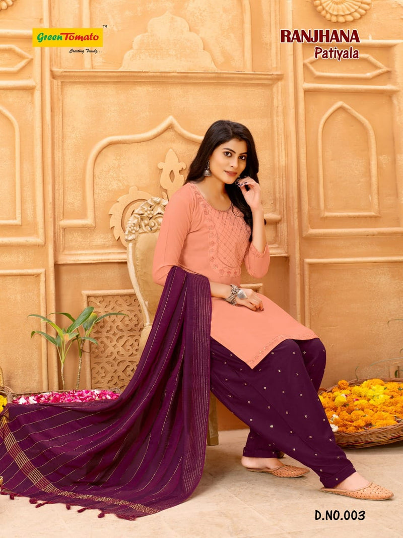 Green Tomato Ranjhana Patiyala Style Festive Wear Ready Made Rayon Salwar Kameez
