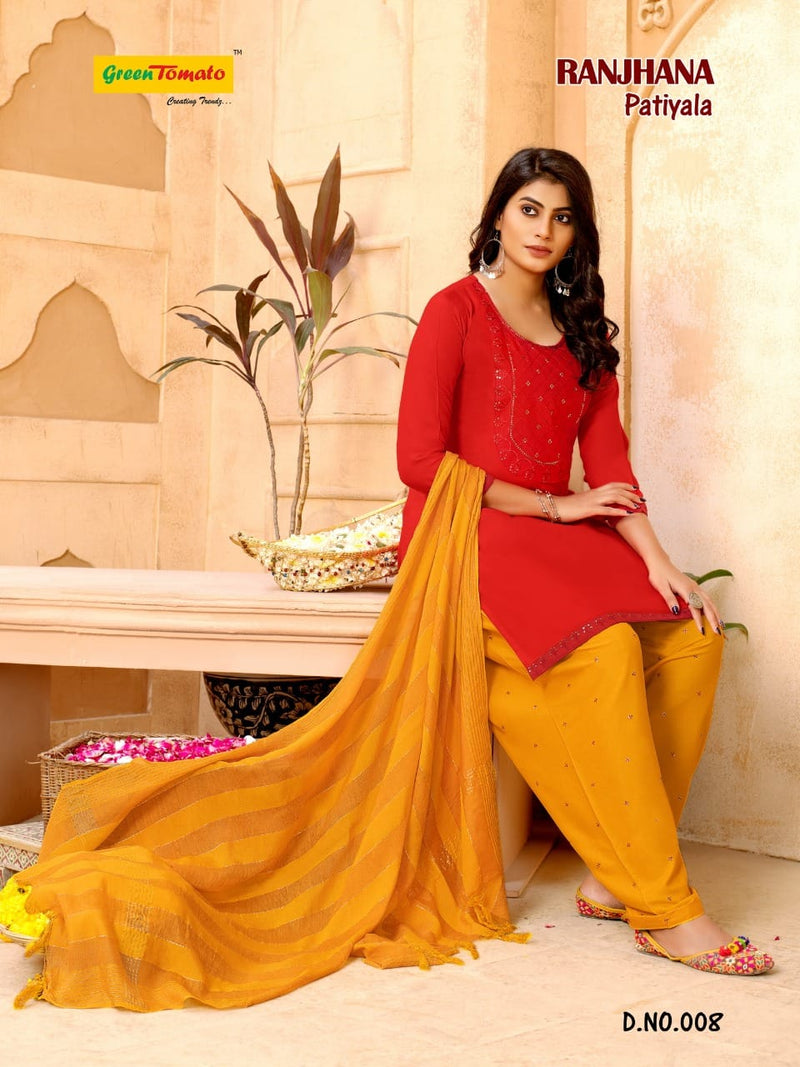 Green Tomato Ranjhana Patiyala Style Festive Wear Ready Made Rayon Salwar Kameez