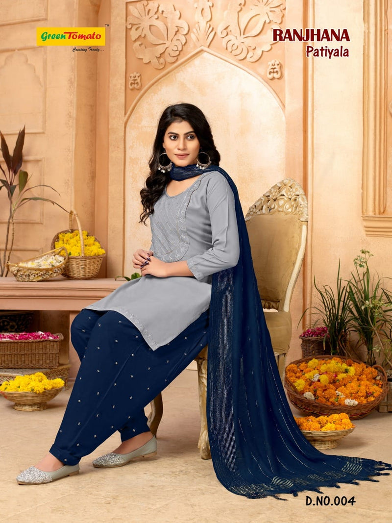 Green Tomato Ranjhana Patiyala Style Festive Wear Ready Made Rayon Salwar Kameez