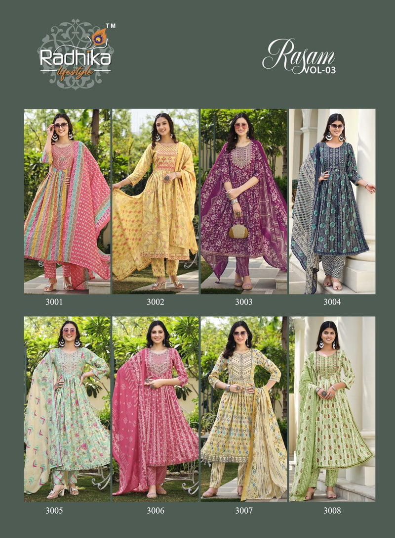 Radhika Life Style Rasam Vol 3 Muslin Print Embroidery Work Lace Fancy Designer Printed Wear Kurti