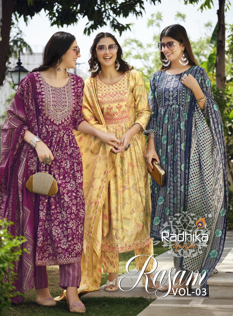 Radhika Life Style Rasam Vol 3 Muslin Print Embroidery Work Lace Fancy Designer Printed Wear Kurti