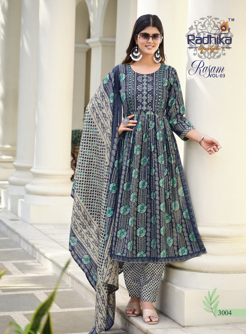Radhika Life Style Rasam Vol 3 Muslin Print Embroidery Work Lace Fancy Designer Printed Wear Kurti