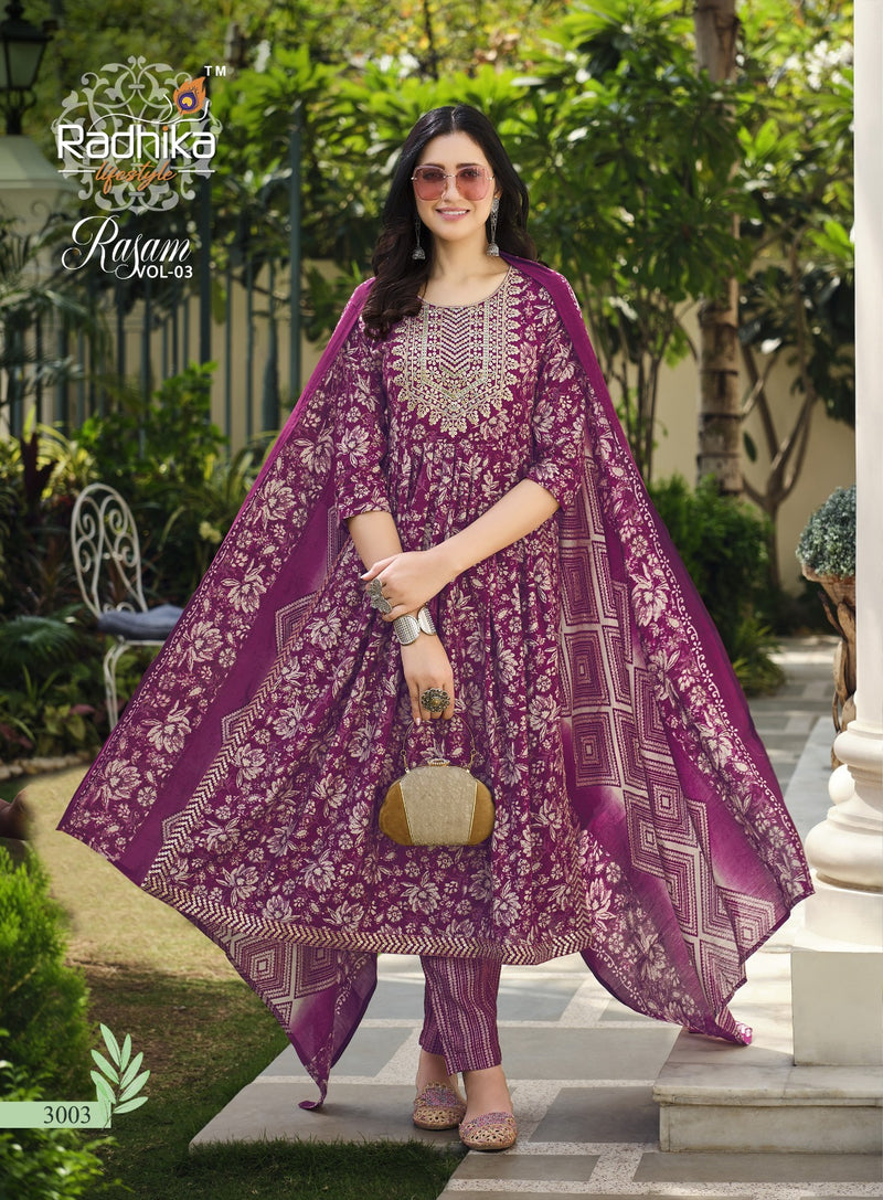 Radhika Life Style Rasam Vol 3 Muslin Print Embroidery Work Lace Fancy Designer Printed Wear Kurti