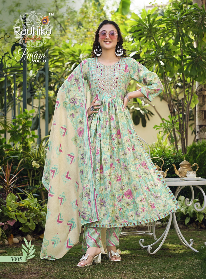 Radhika Life Style Rasam Vol 3 Muslin Print Embroidery Work Lace Fancy Designer Printed Wear Kurti
