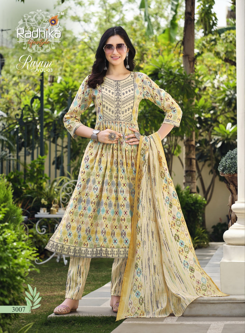 Radhika Life Style Rasam Vol 3 Muslin Print Embroidery Work Lace Fancy Designer Printed Wear Kurti