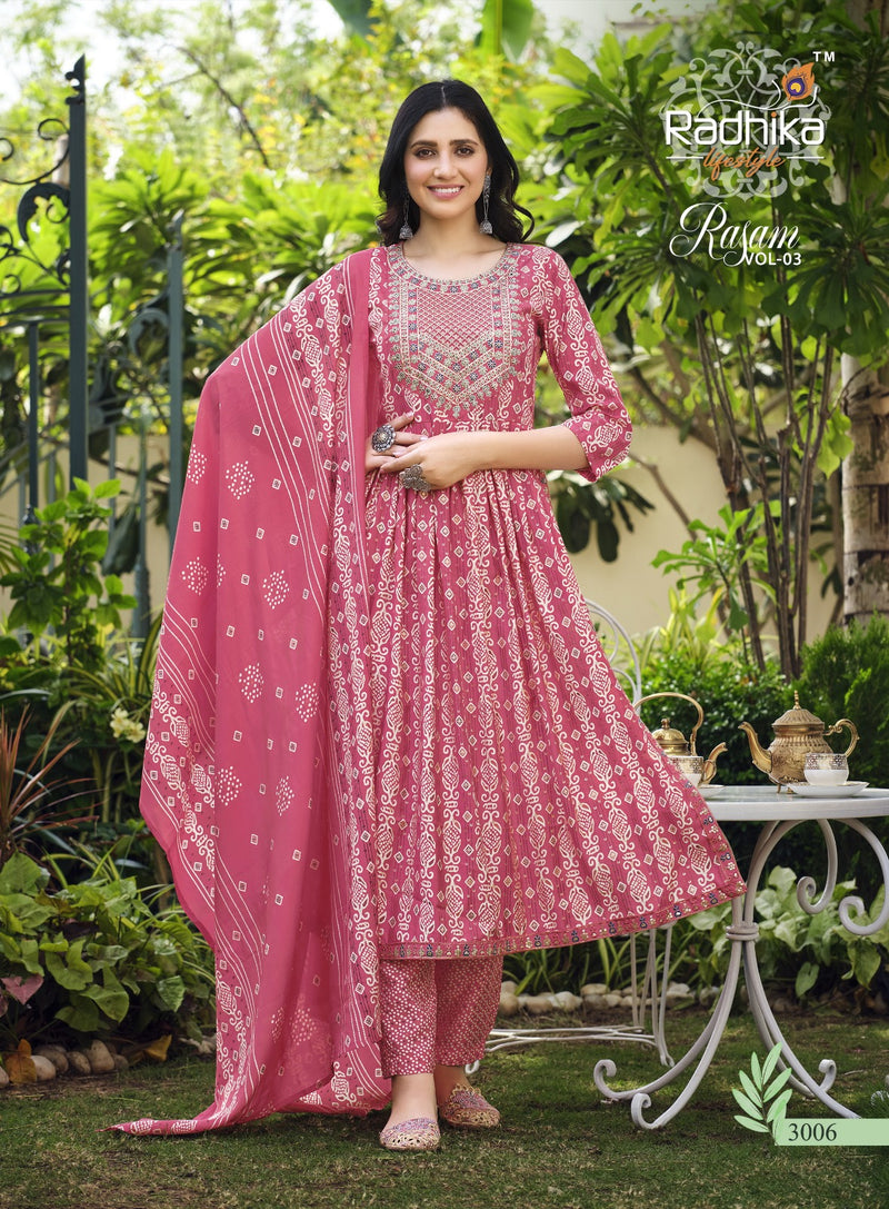 Radhika Life Style Rasam Vol 3 Muslin Print Embroidery Work Lace Fancy Designer Printed Wear Kurti