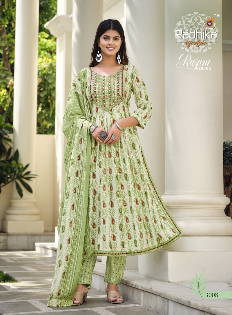 Radhika Life Style Rasam Vol 3 Muslin Print Embroidery Work Lace Fancy Designer Printed Wear Kurti