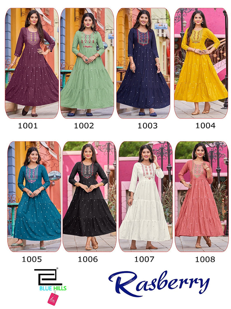 Blue Hills Rasberry Rayon With Printed Work Stylish Designer Attractive Look Fancy Long Gown