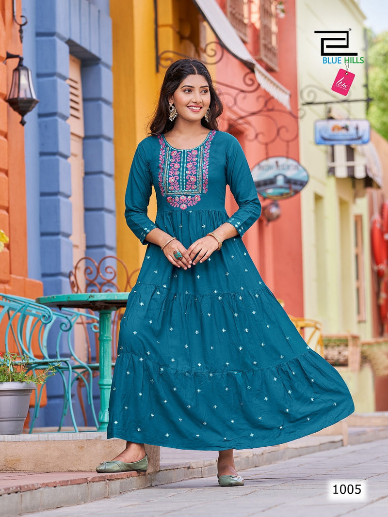 Blue Hills Rasberry Rayon With Printed Work Stylish Designer Attractive Look Fancy Long Gown