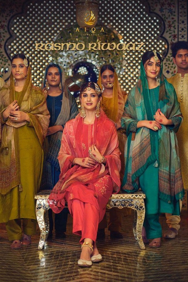 Aiqa Rasmo Riwaaz Muslin Silk With Embroidery Work fancy Stylish Designer Salwar Kameez