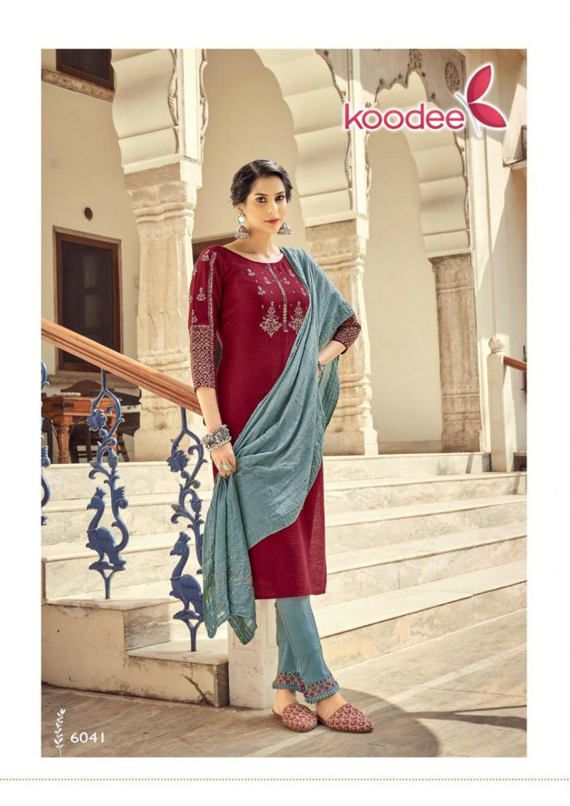 Koodee Fashion Riya Vol 4 Viscose Slub Party Wear Kurtis With Bottom & Dupatta