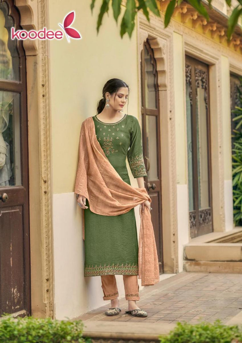 Koodee Fashion Riya Vol 4 Viscose Slub Party Wear Kurtis With Bottom & Dupatta