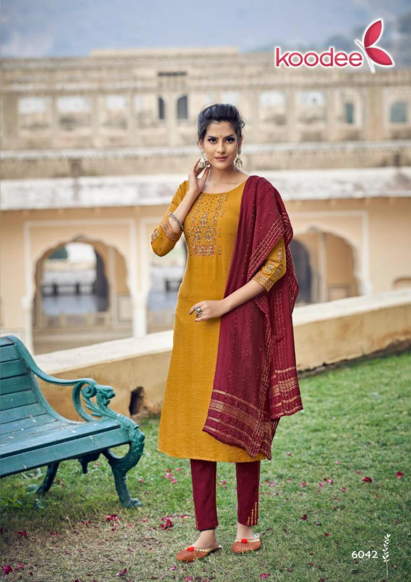 Koodee Fashion Riya Vol 4 Viscose Slub Party Wear Kurtis With Bottom & Dupatta