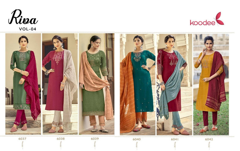 Koodee Fashion Riya Vol 4 Viscose Slub Party Wear Kurtis With Bottom & Dupatta
