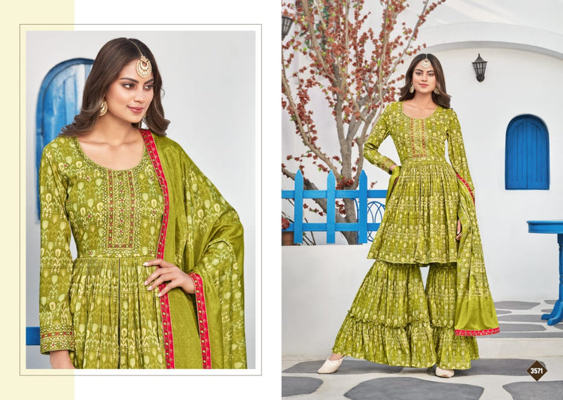 Rangoon Riwaaz Muslin Printed Designer Party Wear Kurtis With Sharara Bottom
