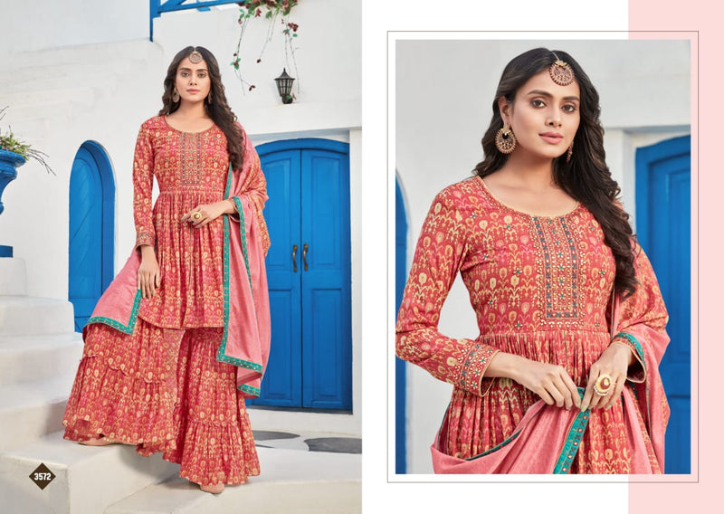 Rangoon Riwaaz Muslin Printed Designer Party Wear Kurtis With Sharara Bottom